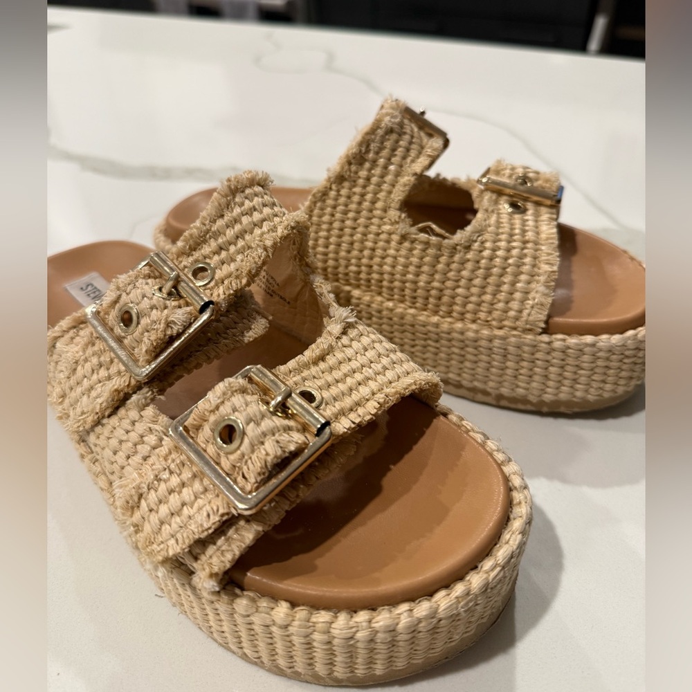 Beige Woven Platform Sandals with Buckles